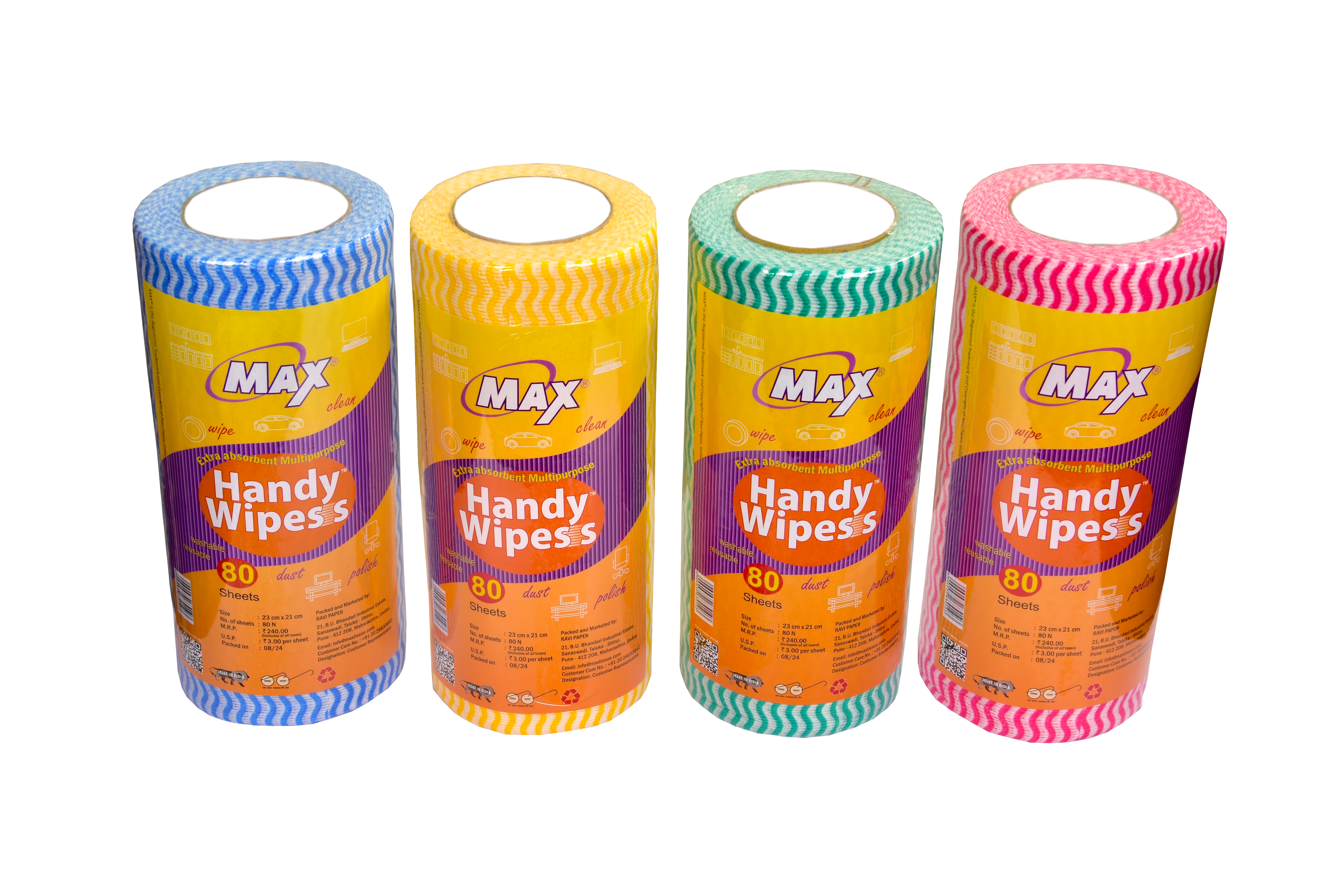 Max Handy Wipess 23 cm x 21 cm | Reusable Kitchen Towel Roll | 80 Sheets x 6 Rolls