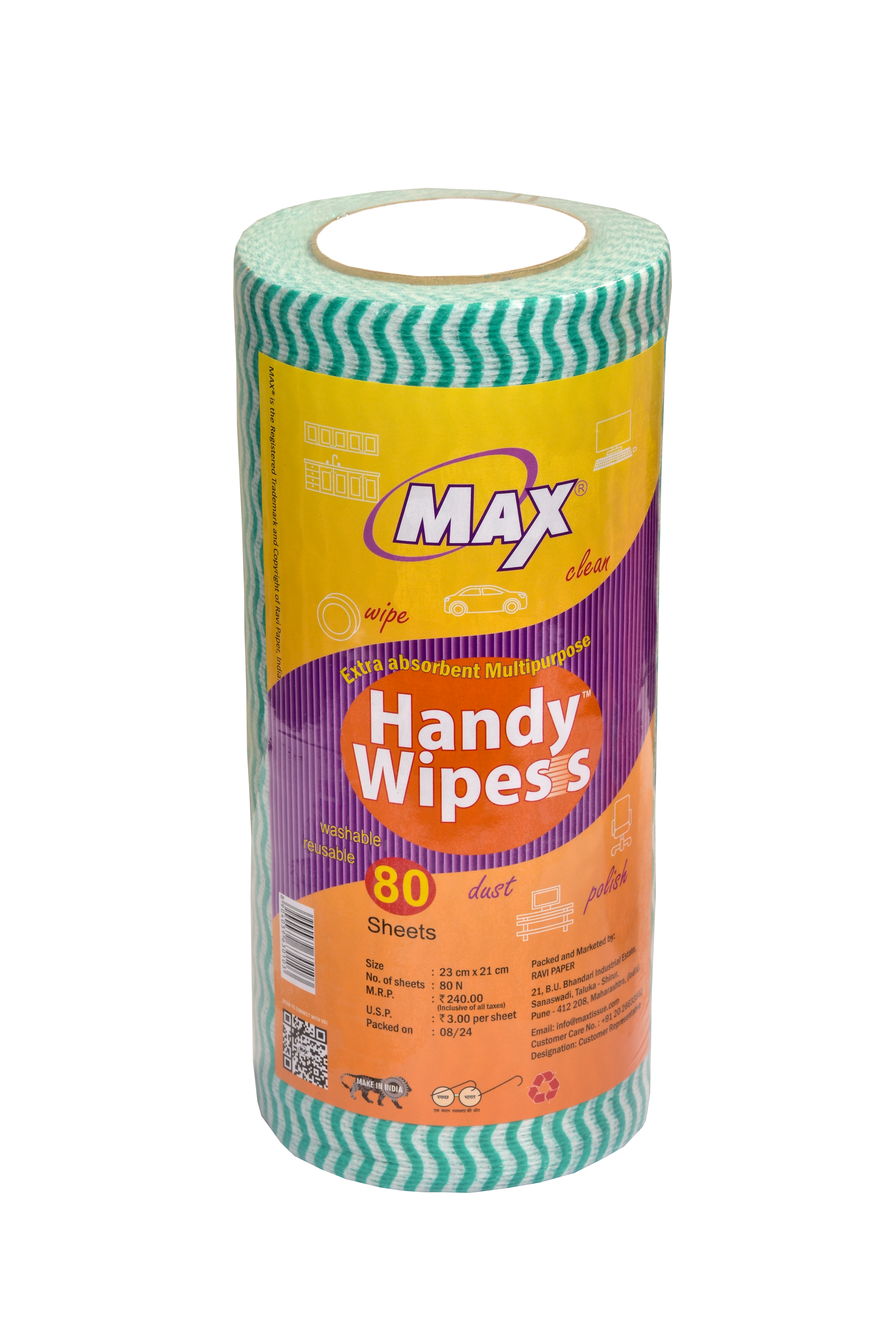 Max Handy Wipess 23 cm x 21 cm | Reusable Kitchen Towel Roll | 80 Sheets x 6 Rolls