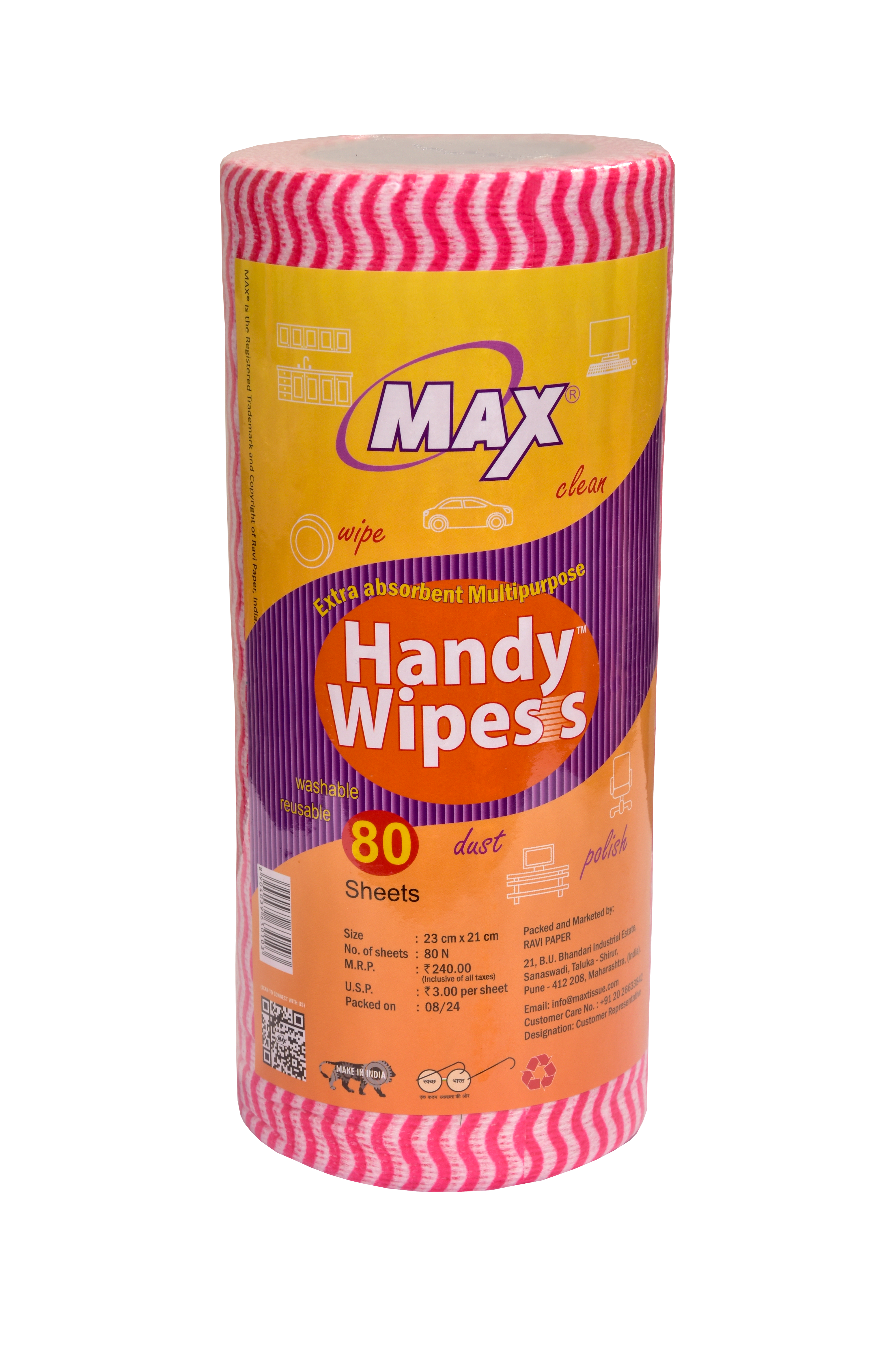 Max Handy Wipess 23 cm x 21 cm | Reusable Kitchen Towel Roll | 80 Sheets x 6 Rolls