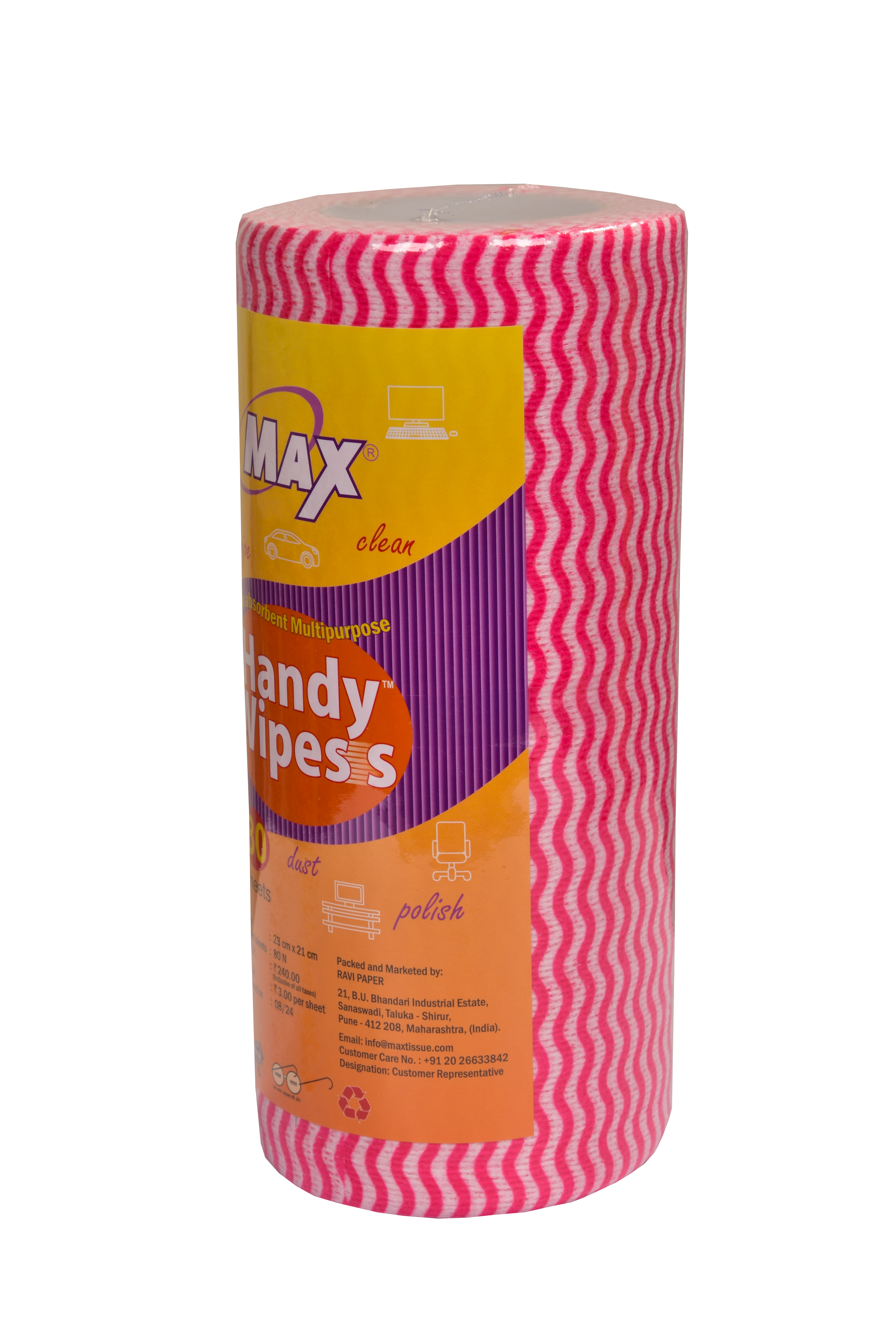 Max Handy Wipess 23 cm x 21 cm | Reusable Kitchen Towel Roll | 80 Sheets x 6 Rolls